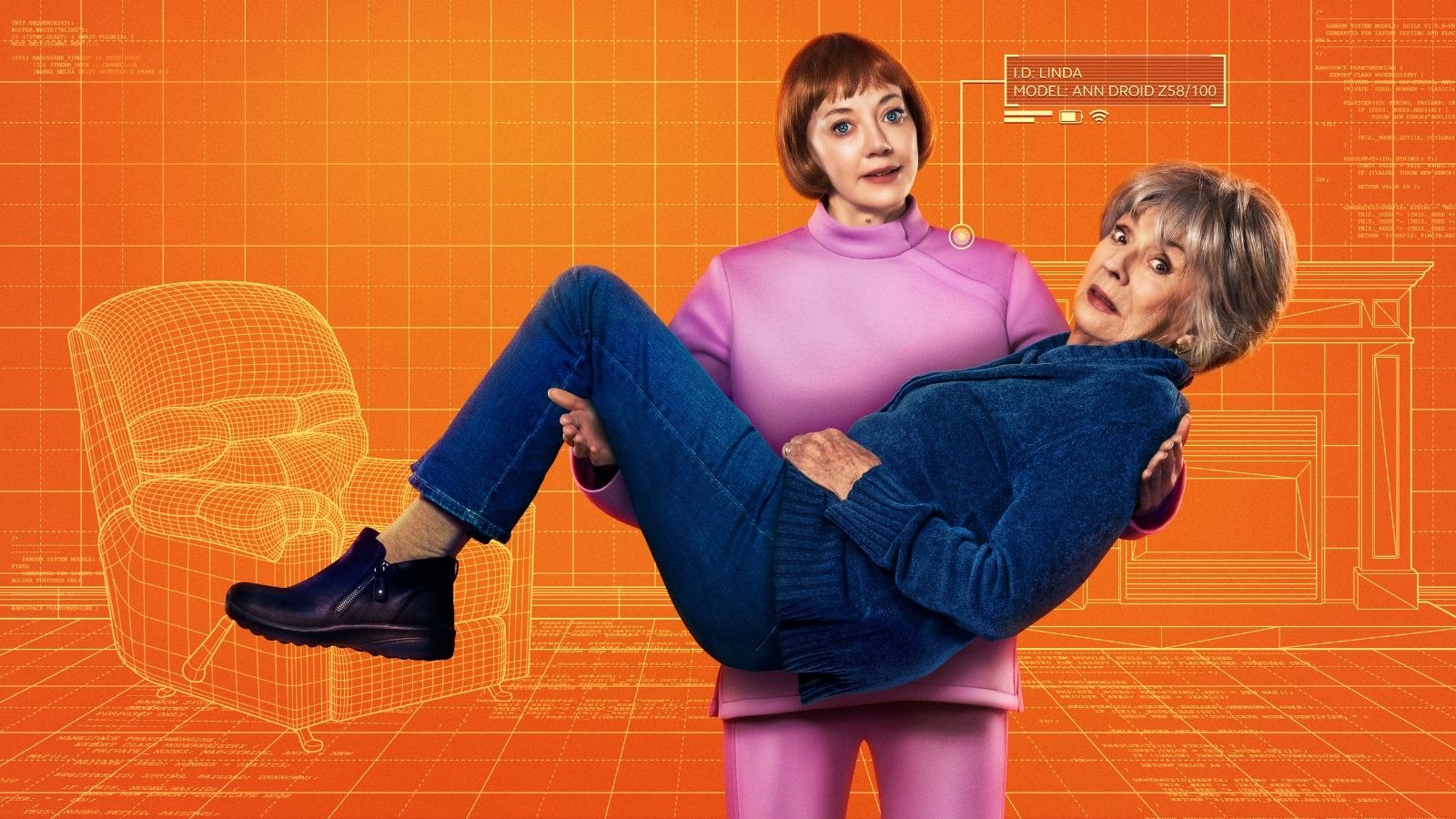 A robotic like person wearing pink holding an older woman wearing blue against an orange background