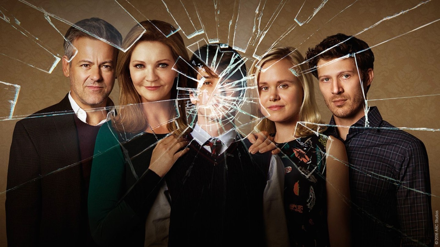 Promotional image for The Family (2016), featuring Joan Allen as Claire Warren, Rupert Graves as John Warren, and Liam James as Adam Warren