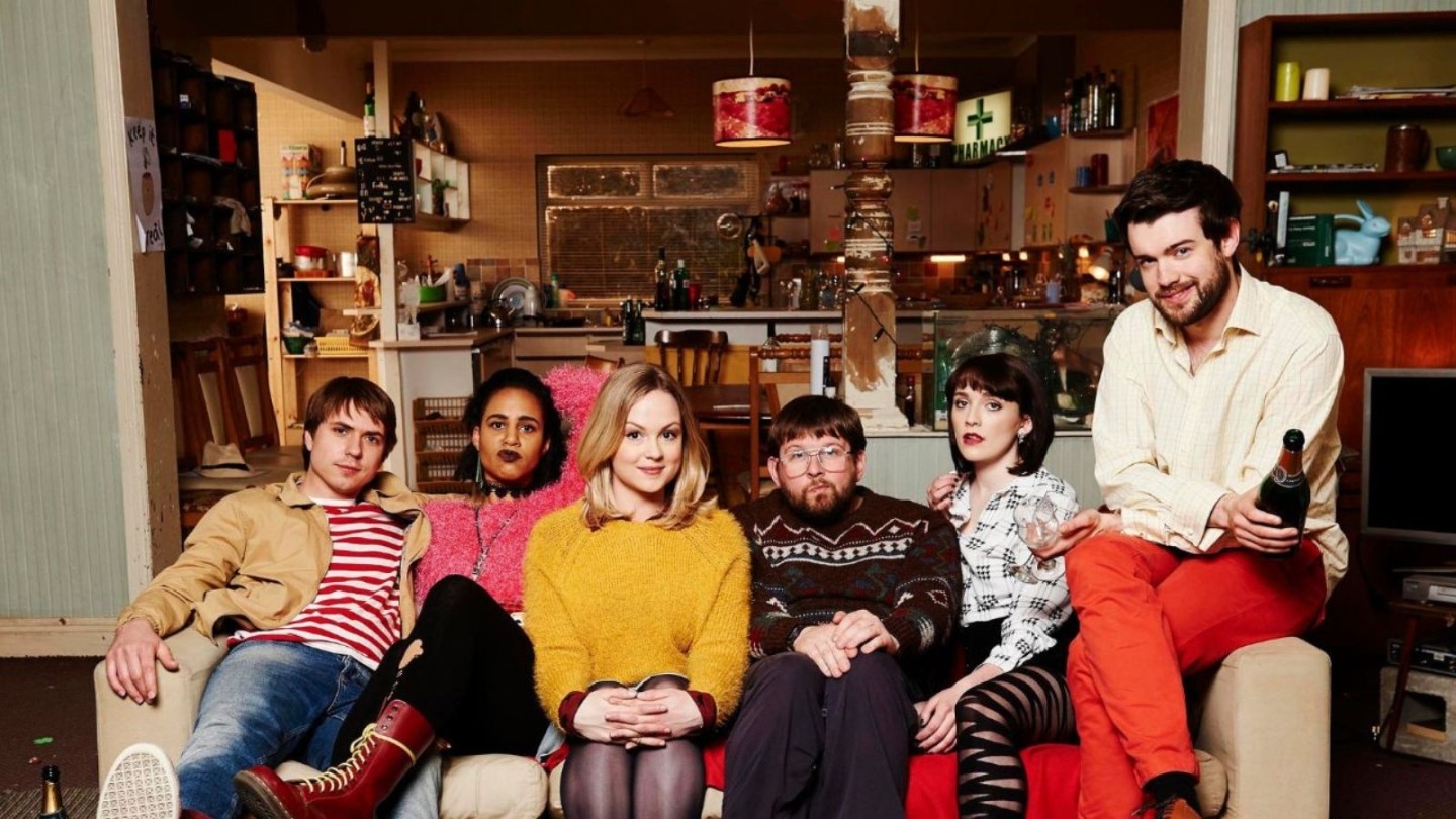 Promotional image for the Channel 4 sitcom Fresh Meat, featuring the main cast of student housemates. From left to right: Joe Thomas (Kingsley), Zawe Ashton (Vod), Kimberley Nixon (Josie), Greg McHugh (Howard), Charlotte Ritchie (Oregon), and Jack Whitehall (JP)