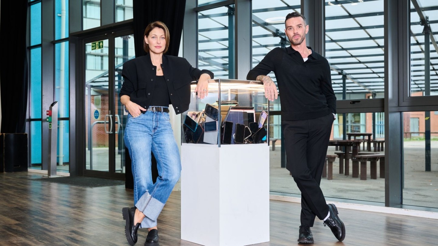 Promotional image for the Channel 4 documentary series Swiped: The School That Banned Smartphones. In the center, hosts Matt Willis and Emma Willis stand together