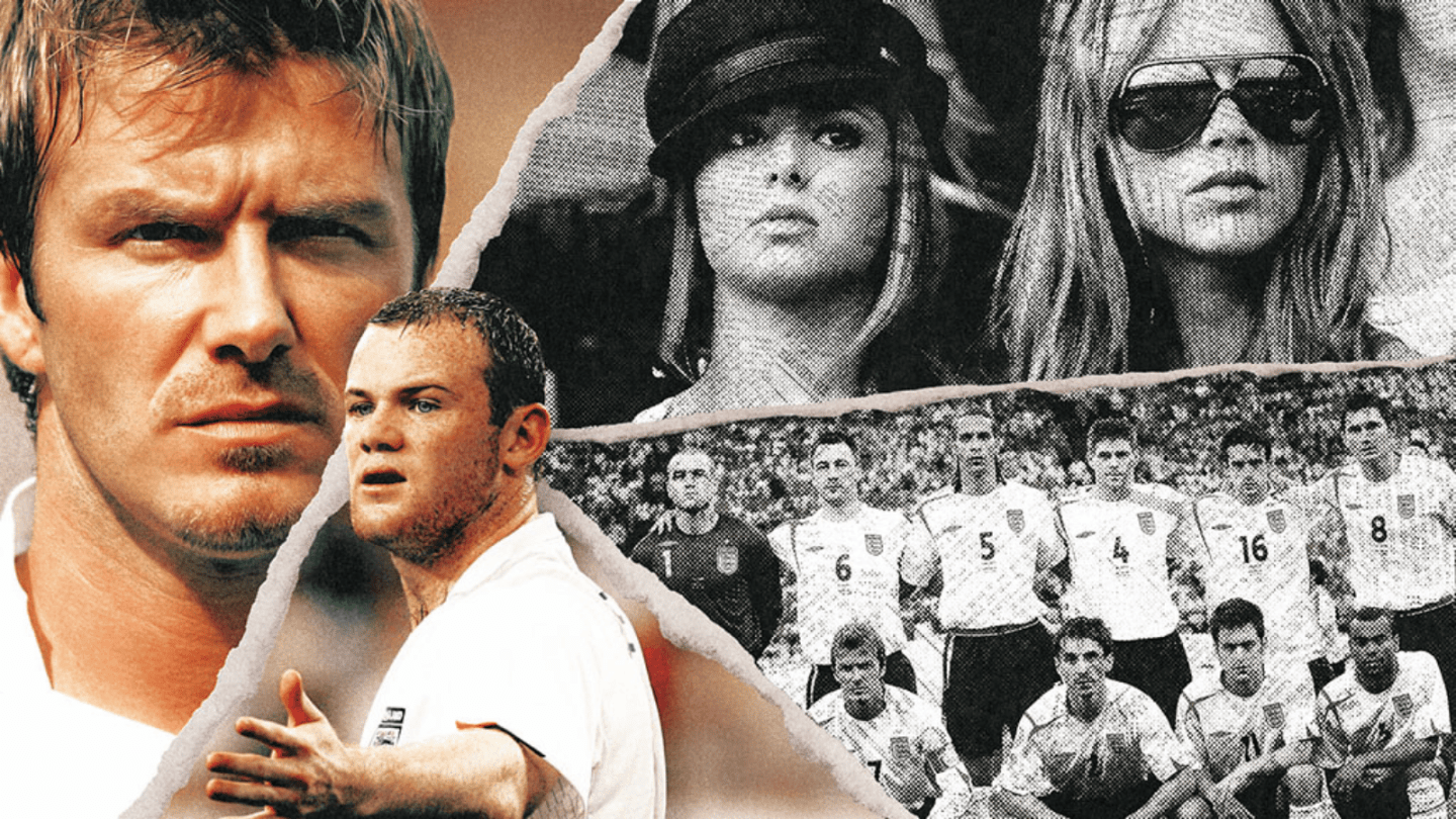 Retro-style England football collage featuring David Beckham, Wayne Rooney, WAG culture imagery and the England 2006 World Cup squad lineup.