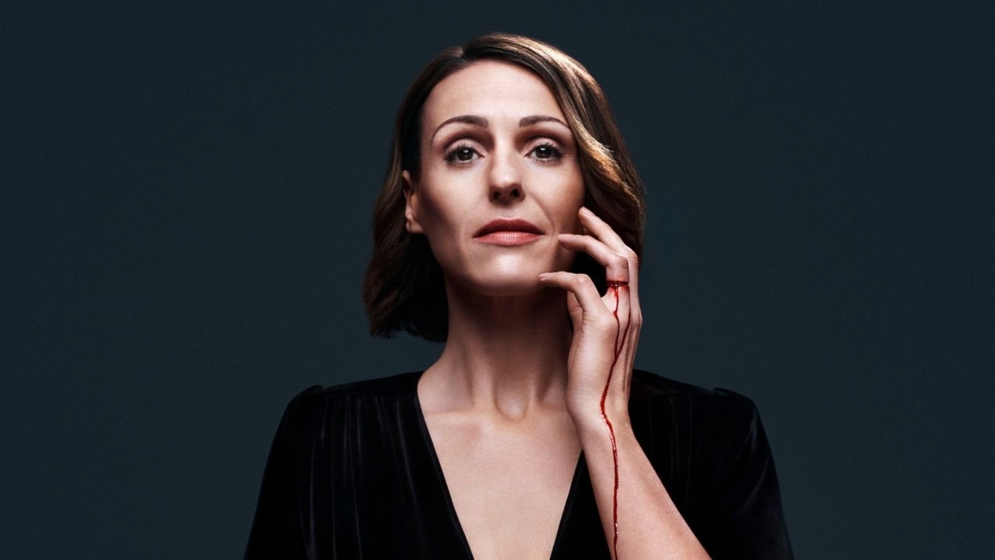 Key art for Doctor Foster season 3, Suranne Jones as Doctor Foster with blood dripping down her hand against a blue background.