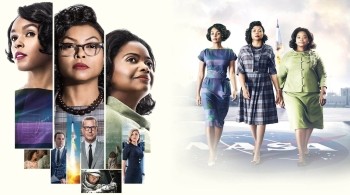 Movie poster for Hidden Figures. Left to right: Janelle Monáe as Mary Jackson, Taraji P. Henson as Katherine Johnson, and Octavia Spencer as Dorothy Vaughan. They stand before a NASA logo and a launching rocket. Smaller insets feature Kevin Costner, Kirsten Dunst, and Jim Parsons among mathematical equations