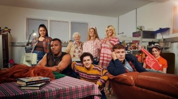  Promotional image for the TV series Big Boys. From left to right: Izuka Hoyle as Corinne, Olly Levy as Jory, Annette Badland as Peggy, Dylan Llewellyn as Jack, Katy Wix as Jules, Camille Coduri as Anne, Jack Rooke as himself, and Harriet Webb as Shannon