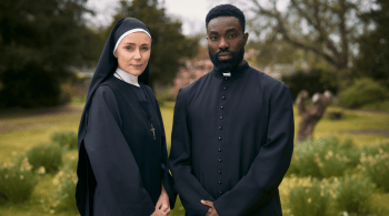 A nun and a priest stood in a garden in Channel 4s drama Falling