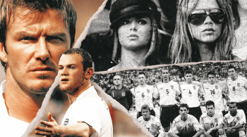 Retro-style England football collage featuring David Beckham, Wayne Rooney, WAG culture imagery and the England 2006 World Cup squad lineup.
