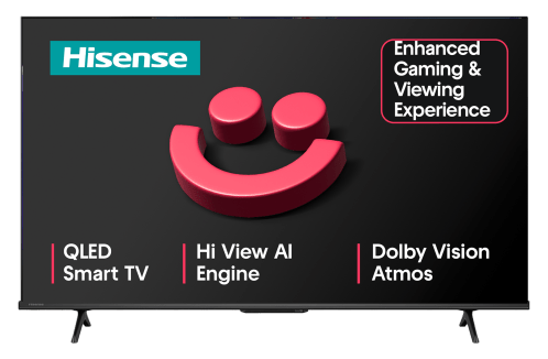  An advertisement for a Hisense QLED Smart TV. The image highlights a black screen with a pink 3D smiley face icon in the center and the Hisense logo in the top left