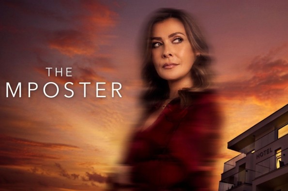 A slightly blured image of a brunette women wearing a red top looking out of the image, a sunet and hotel behind her. Writing that reads The Imposter next to her.