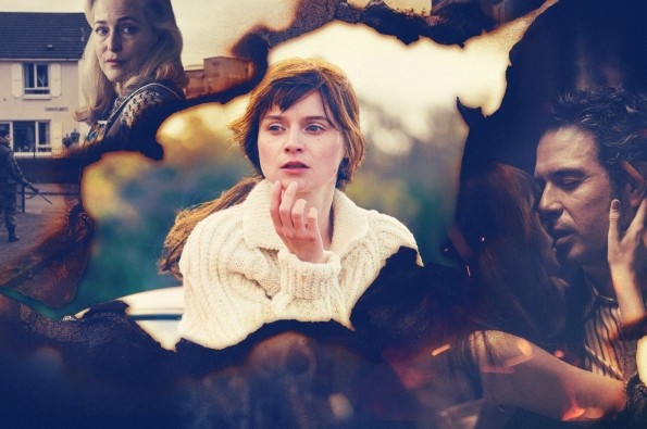 Lola Petticrew in the middle of an image with Gillian Anderson cropped in the top left and Tom Cullen kissing Lola Pettcriew in the bottom left, key art for Channel 4s drama Trespasses