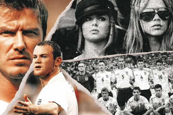 Retro-style England football collage featuring David Beckham, Wayne Rooney, WAG culture imagery and the England 2006 World Cup squad lineup.