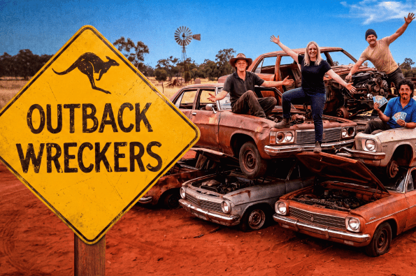 A yellow road sign reading “Outback Wreckers” stands in a dusty outback landscape, with a group of people posing on stacked, rusted cars under a bright blue sky. 
