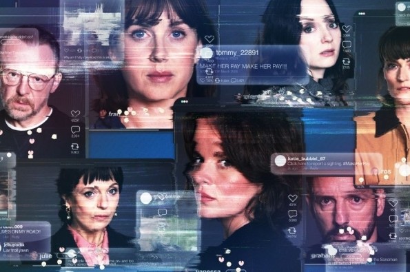 Promotional image for Hunting Alice Bell featuring multiple characters overlaid with social media posts, comments and livestream graphics as an online manhunt unfolds, highlighting the thriller’s themes of digital scrutiny, viral accusations and internet culture.