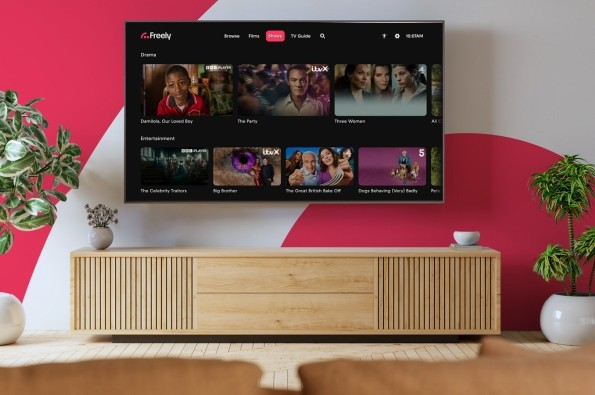Freely TV guide shows section featuring free streaming programmes including Damilola, Our Loved Boy, The Party, Three Women, Celebrity Traitors, Big Brother and The Great British Bake Off.