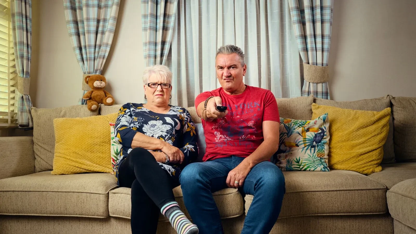 Promotional image for the reality TV series Gogglebox. From left to right: Jenny Newby and Lee Riley