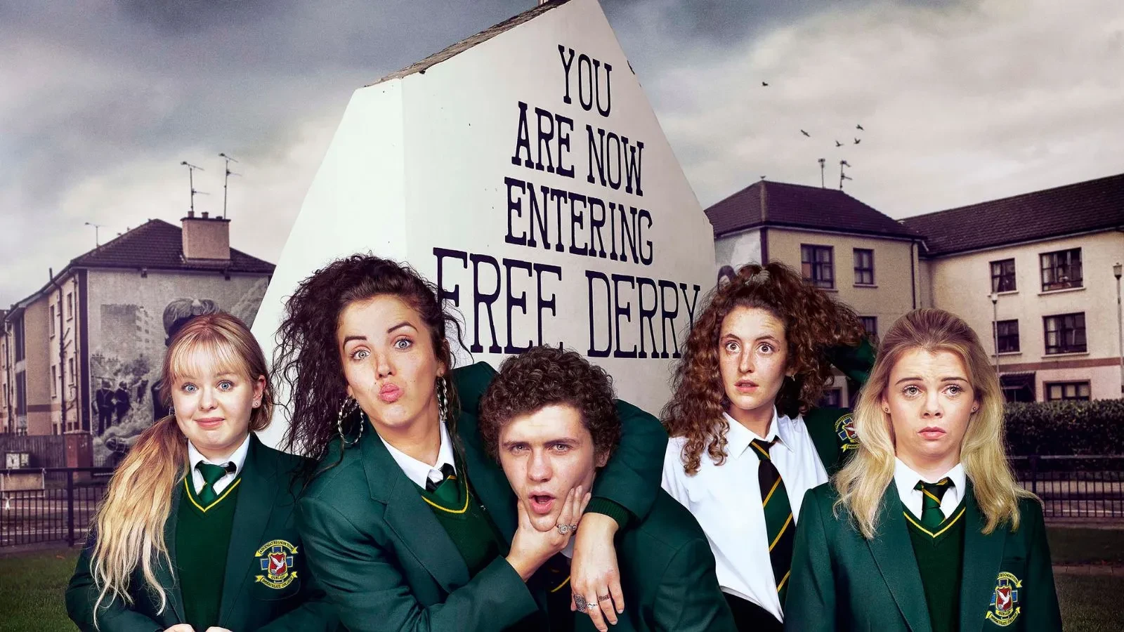  Promotional image for the TV series Derry Girls. From left to right: Nicola Coughlan as Clare Devlin, Jamie-Lee O'Donnell as Michelle Mallon, Dylan Llewellyn as James Maguire, Louisa Harland as Orla McCool, and Saoirse-Monica Jackson as Erin Quinn