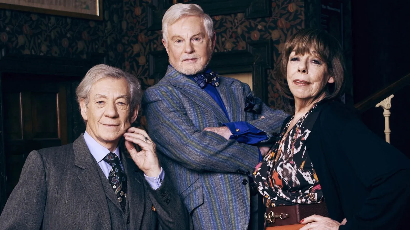 Promotional image for the ITV sitcom Vicious, featuring Sir Ian McKellen and Sir Derek Jacobi. The actors portray Freddie and Stuart, an aging couple living in Covent Garden with their friend Violet, played by Frances de la Tour