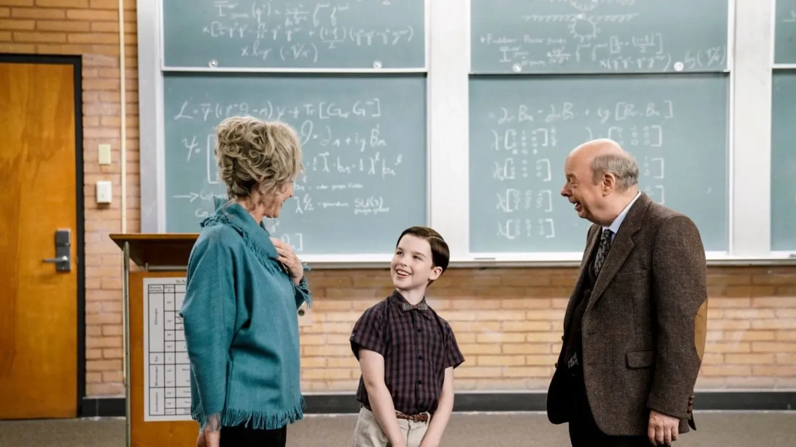  Promotional image for the TV series Young Sheldon. From left to right: Wallace Shawn as Dr. John Sturgis, Annie Potts as Meemaw (Connie Tucker), and Iain Armitage as Sheldon Cooper.