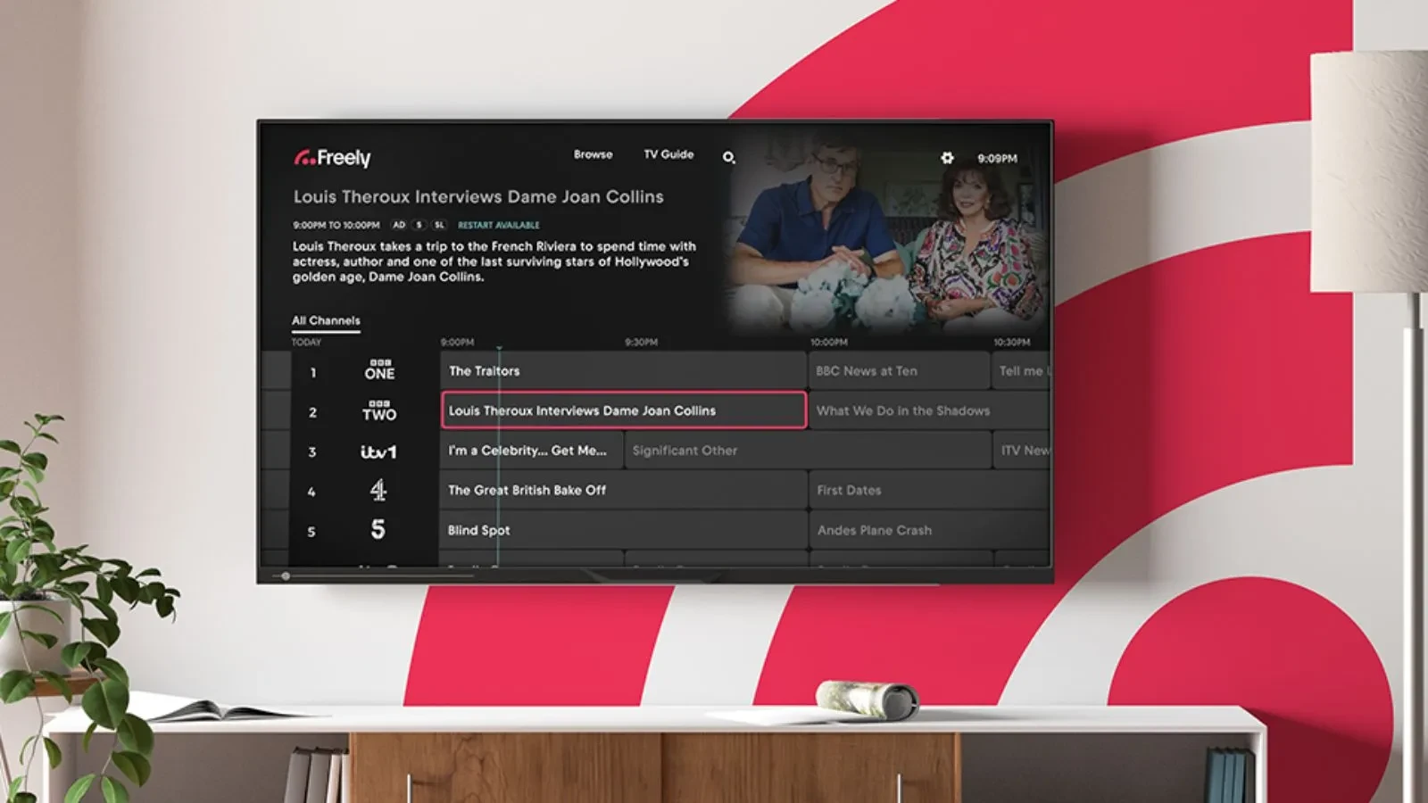 Freely on TV connected with Wi-Fi, with Freely Wi-Fi icon on wall in background