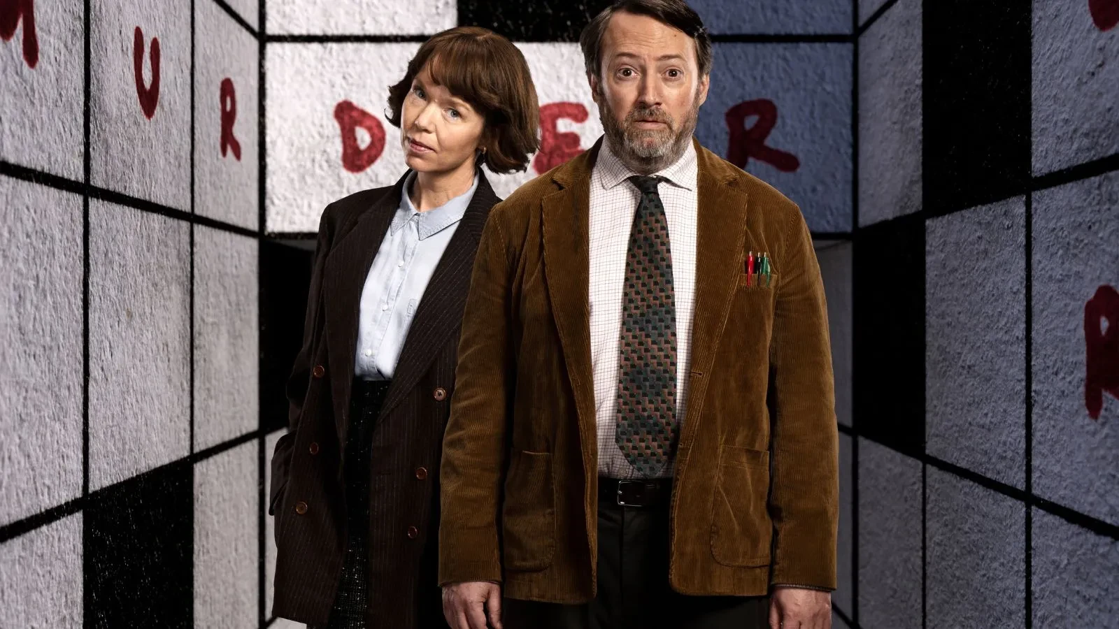  Promotional image for the TV series Ludwig. Left to right: Anna Maxwell Martin as Lucy Betts-Taylor and David Mitchell as John 'Ludwig' Taylor