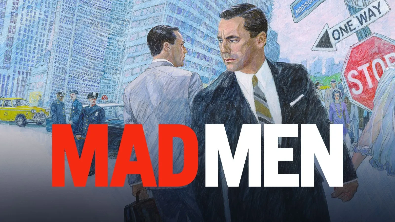 Promotional image for Mad Men. The image is in a sketch style, featuring Jon Hamm as the enigmatic advertising executive Don Draper