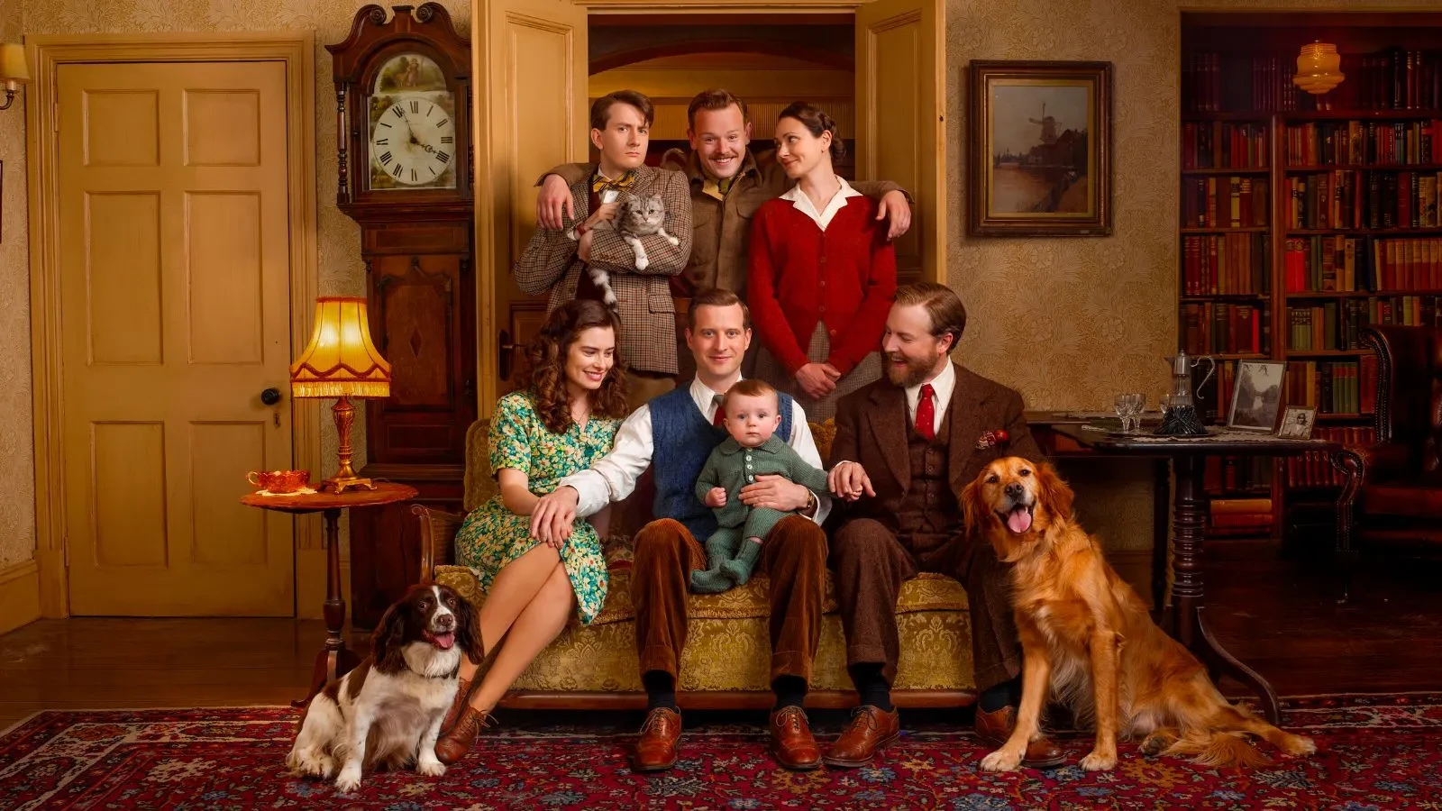 All Creatures Great and Small. From left to right: Rachel Shenton as Helen Alderson, Samuel West as Siegfried Farnon, Anna Madeley as Mrs. Hall, Callum Woodhouse as Tristan Farnon, and Nicholas Ralph as James Herriot