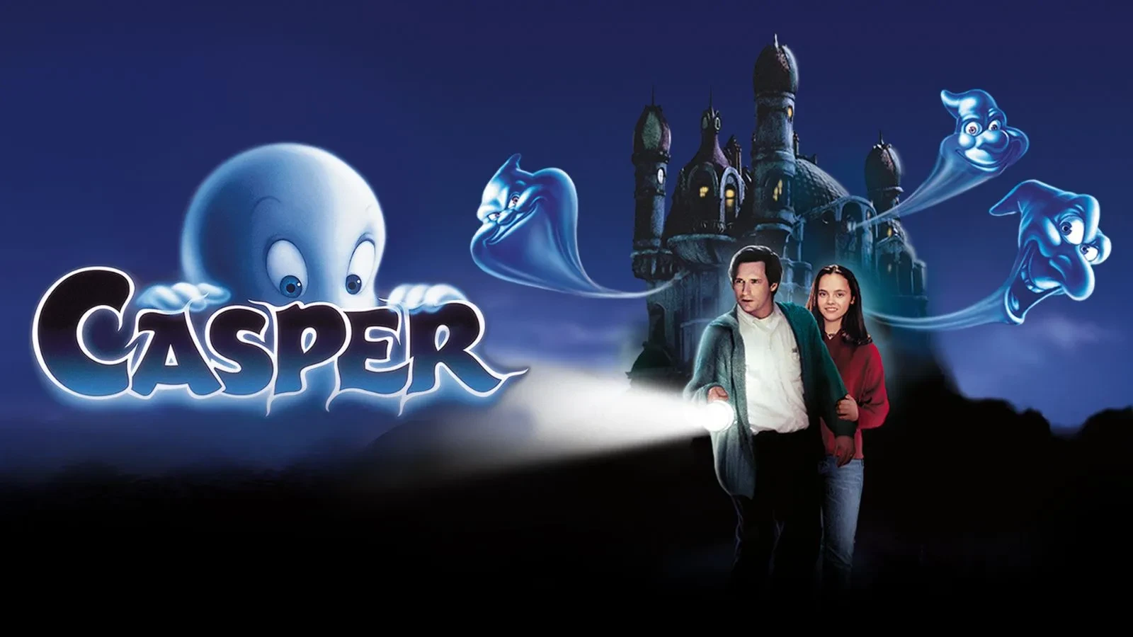  Promotional image for the film Casper. From left to right: Casper the Friendly Ghost, Bill Pullman as Dr. James Harvey, and Christina Ricci as Kat Harvey