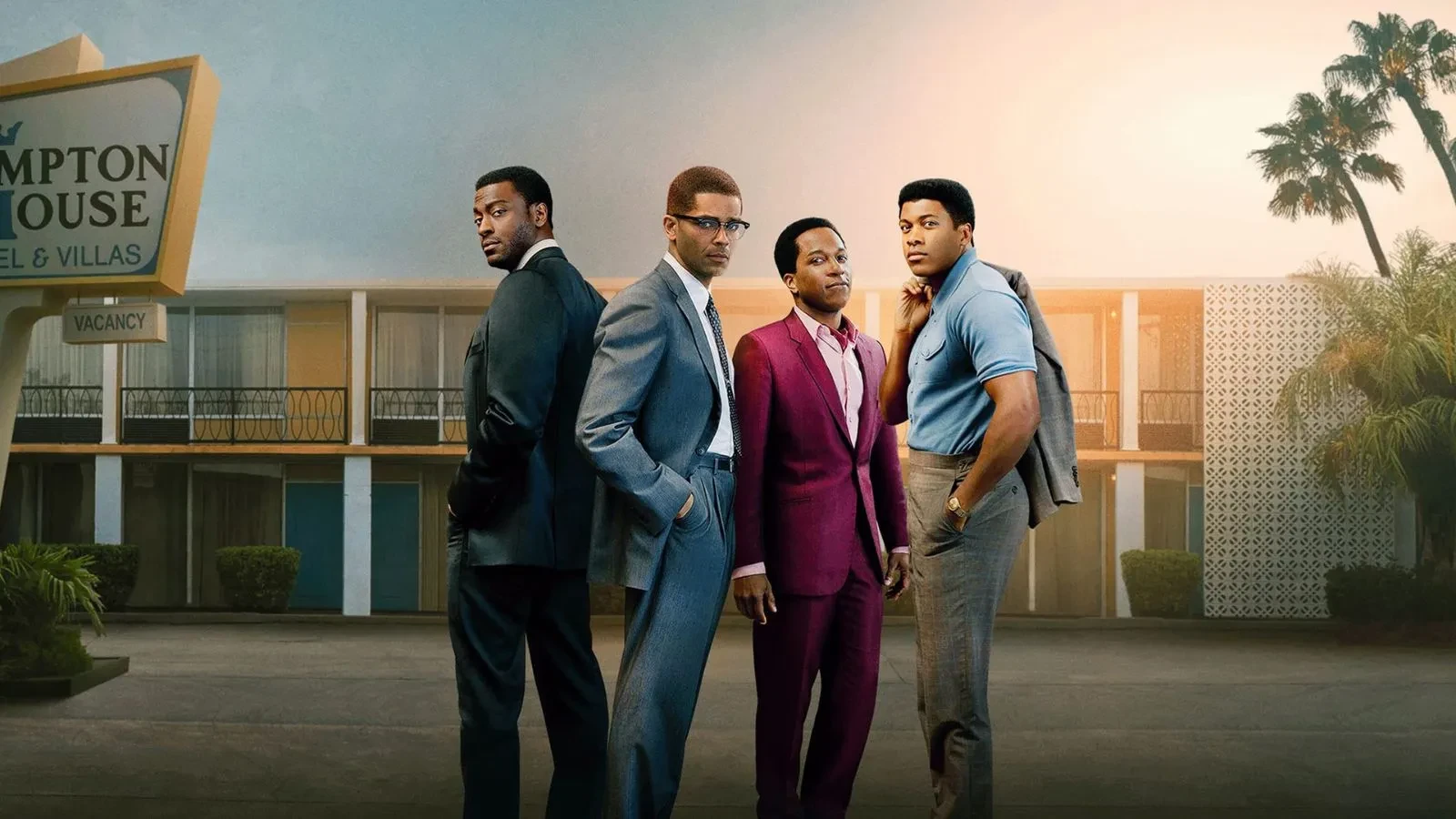 Kingsley Ben-Adir as Malcolm X, Eli Goree as Cassius Clay, Aldis Hodge as Jim Brown, and Leslie Odom Jr. as Sam Cooke in One Night in Miami