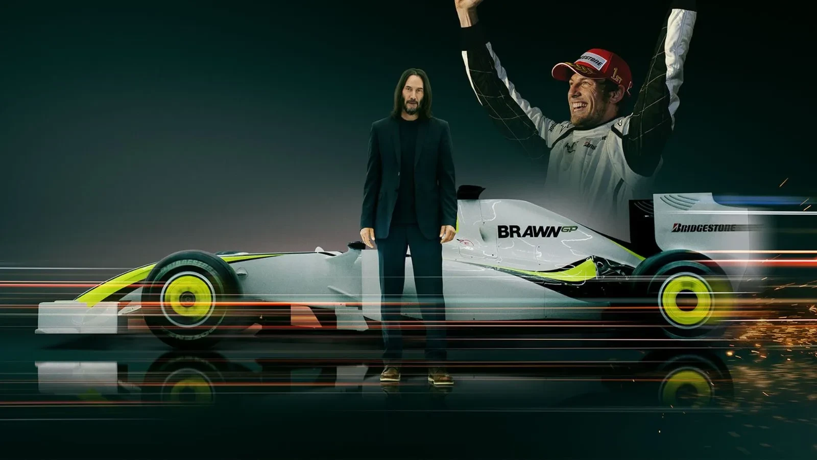 Promotional image for the documentary series Brawn: The Impossible Formula 1 Story. In the center, host Keanu Reeves stands in front of a Brawn BGP 001 Formula 1 car