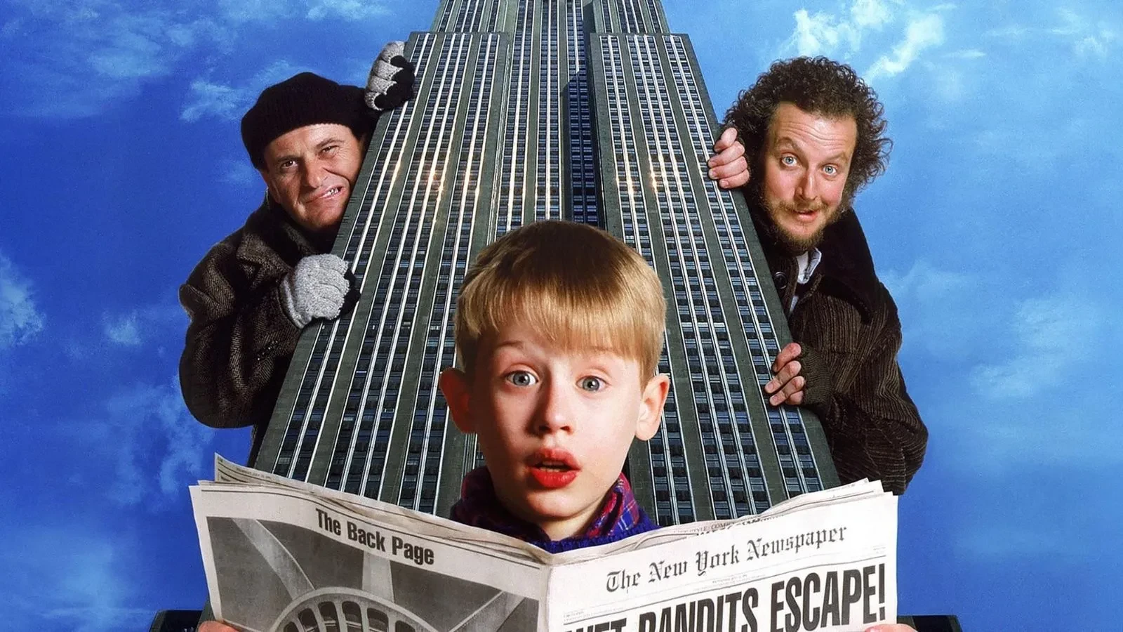  Promotional poster for the film Home Alone 2: Lost in New York. Left to right: Joe Pesci as Harry, Macaulay Culkin as Kevin McCallister, and Daniel Stern as Marv