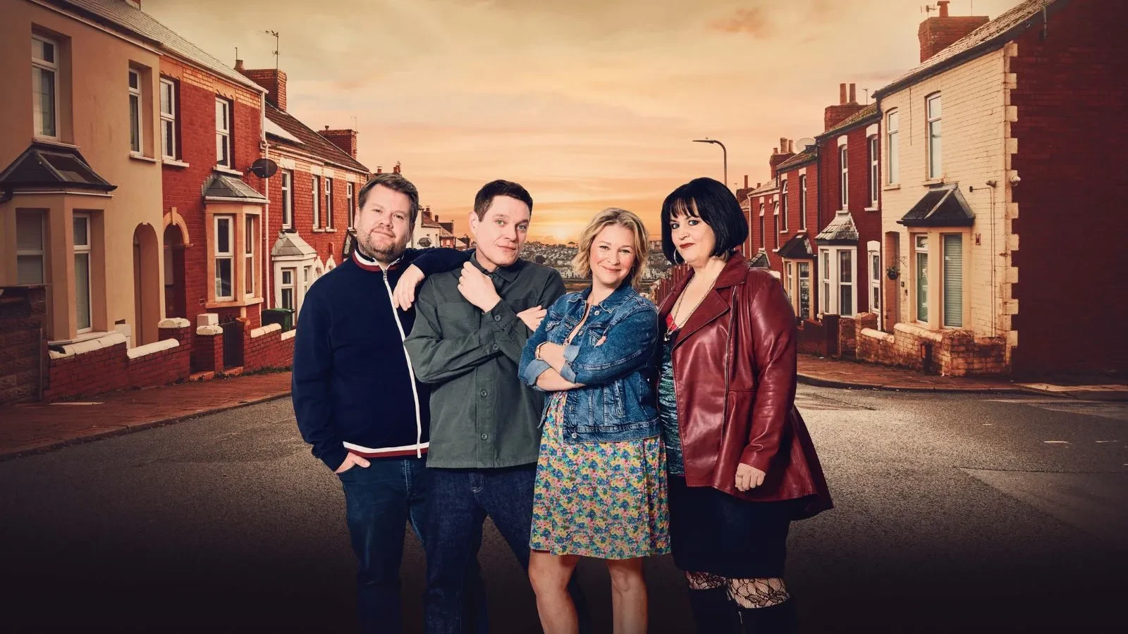  Promotional image for the TV series Gavin & Stacey. From left to right: James Corden as Smithy, Mathew Horne as Gavin, Joanna Page as Stacey, and Ruth Jones as Nessa