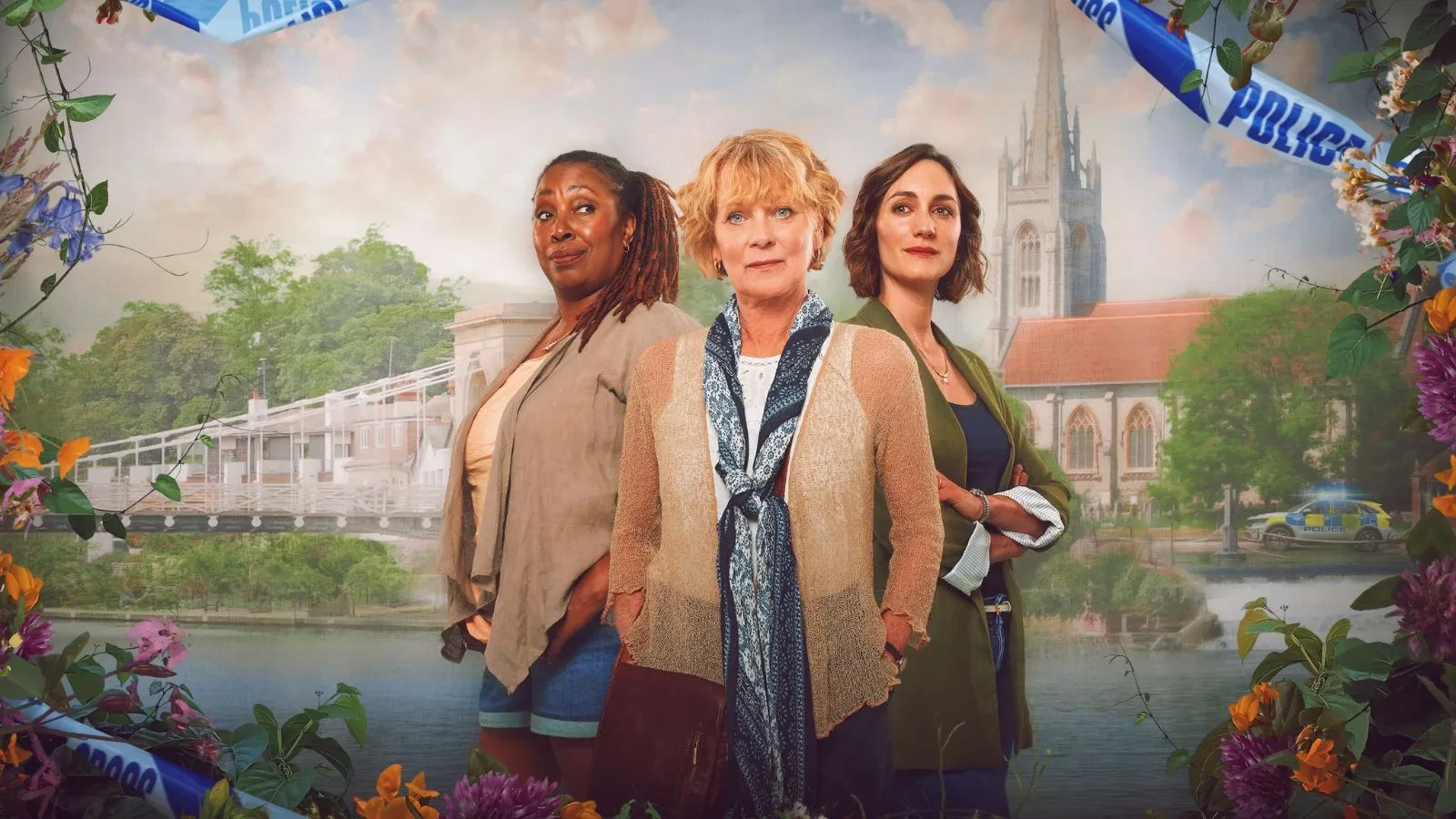 Promotional image for the mystery drama The Marlow Murder Club, featuring the main cast of sleuthing friends: Cara Horgan (Becks Starling), Samantha Bond (Judith Potts), Jo Martin (Suzie Harris), and Natalie Dew (DS Tanika Malik)