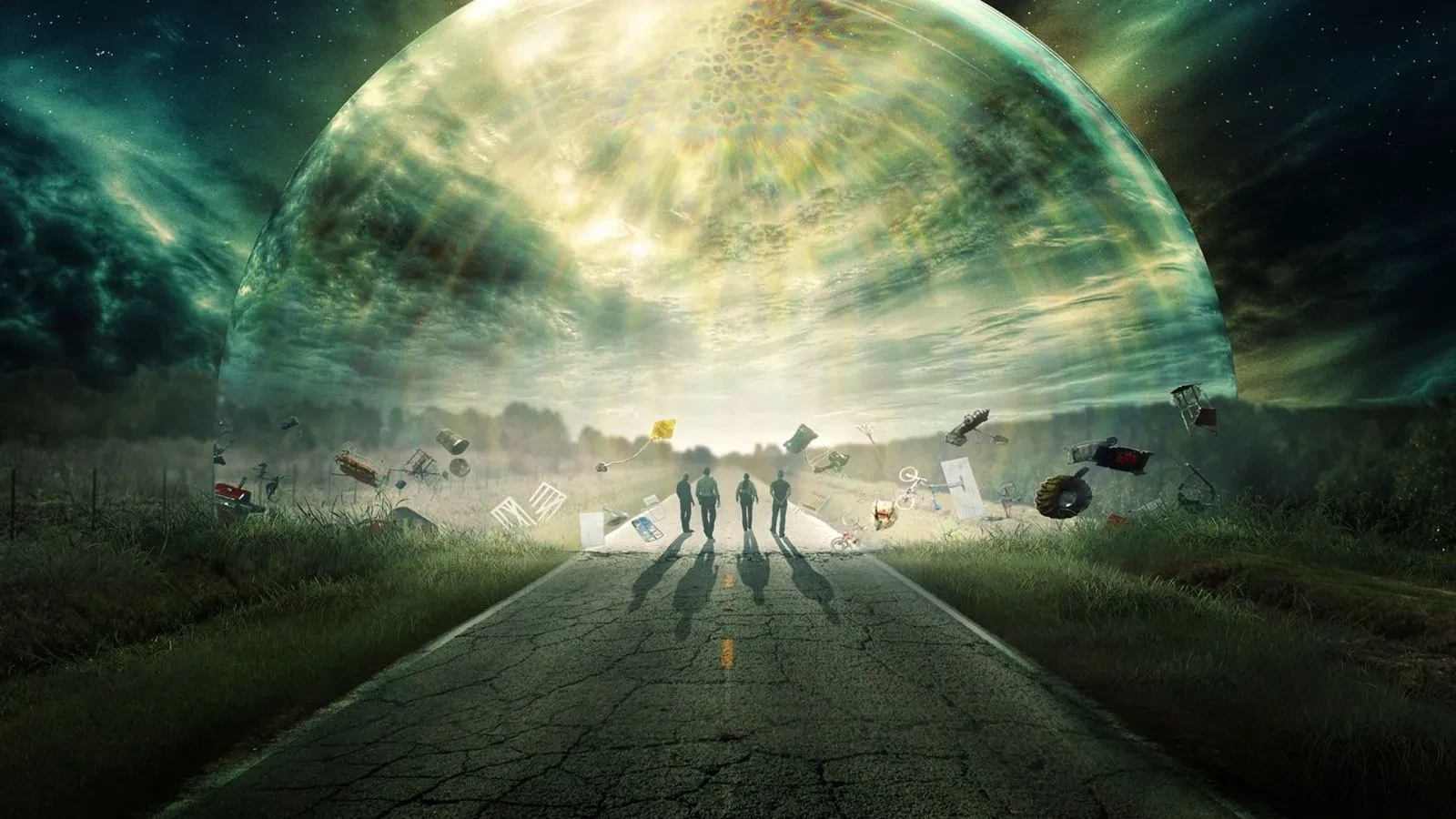 Promotional image for the TV series Under the Dome. Four people are seen in silhouette as they walk down the centre of a long, cracked asphalt road toward a massive, shimmering translucent dome that towers over the landscape
