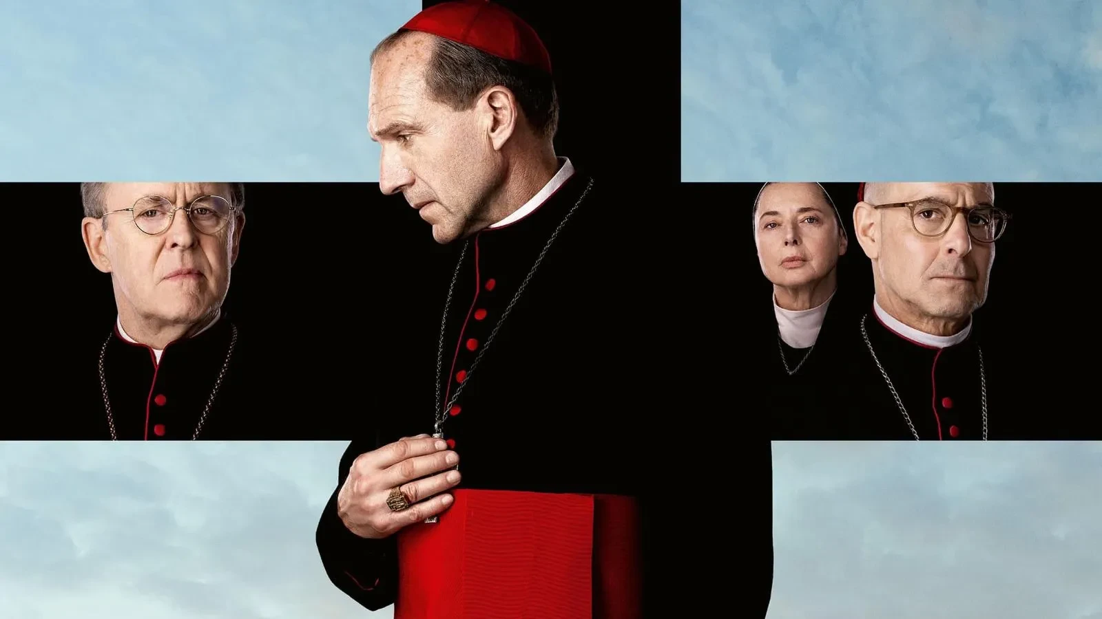  Promotional poster for the film Conclave. From left to right: John Lithgow as Cardinal Tremblay, Ralph Fiennes as Cardinal Lawrence, Isabella Rossellini as Sister Agnes, and Stanley Tucci as Cardinal Bellini