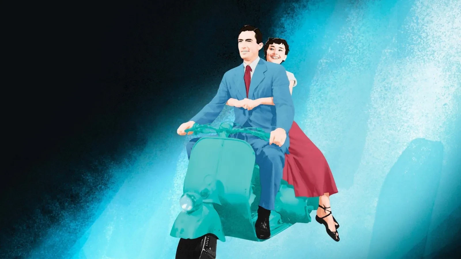 A man and women on a moped flying through the air with a blue background
