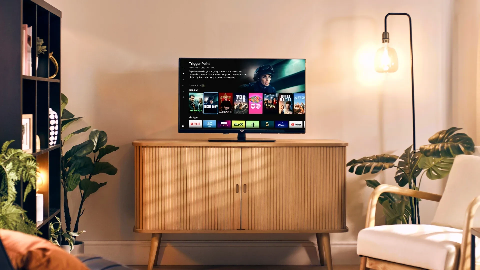 Promotional image for Powered by TiVo, showing TV with Freely UI