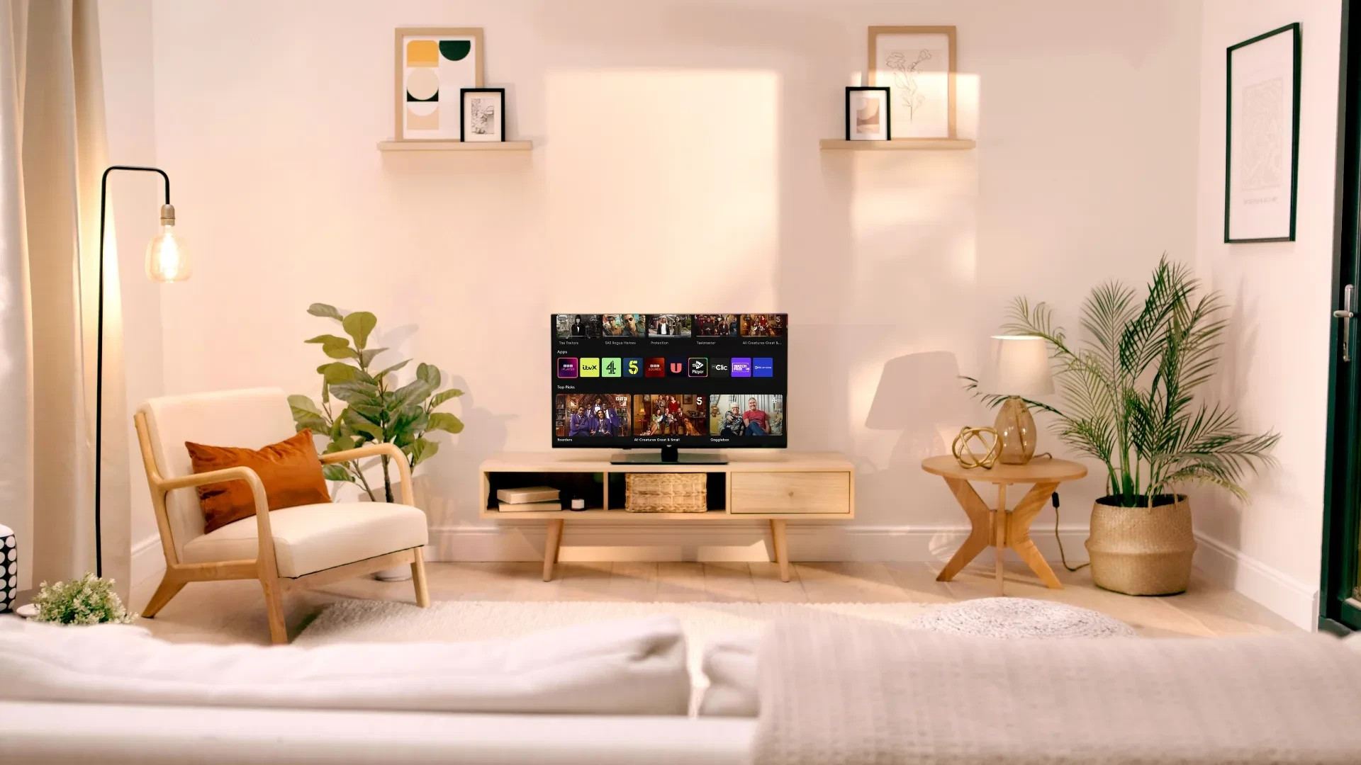 Bush full HD TV in living room, with Freely channels shown on screen