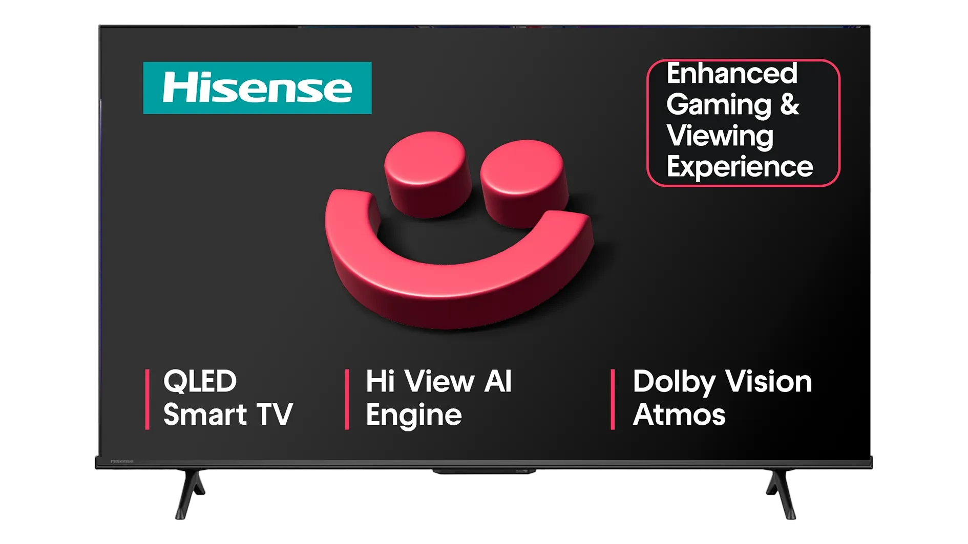  An advertisement for a Hisense QLED Smart TV. The image highlights a black screen with a pink 3D smiley face icon in the center and the Hisense logo in the top left