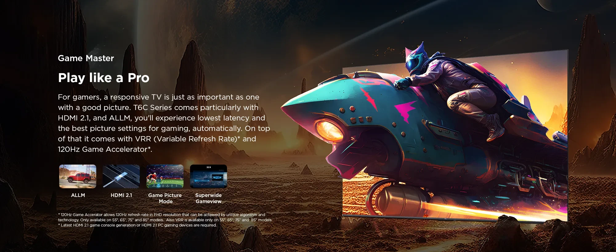  Promotional image for the TCL T6C series QLED TV highlighting its gaming capabilities. The image features the slogan "GAME MASTER: Play like a Pro"