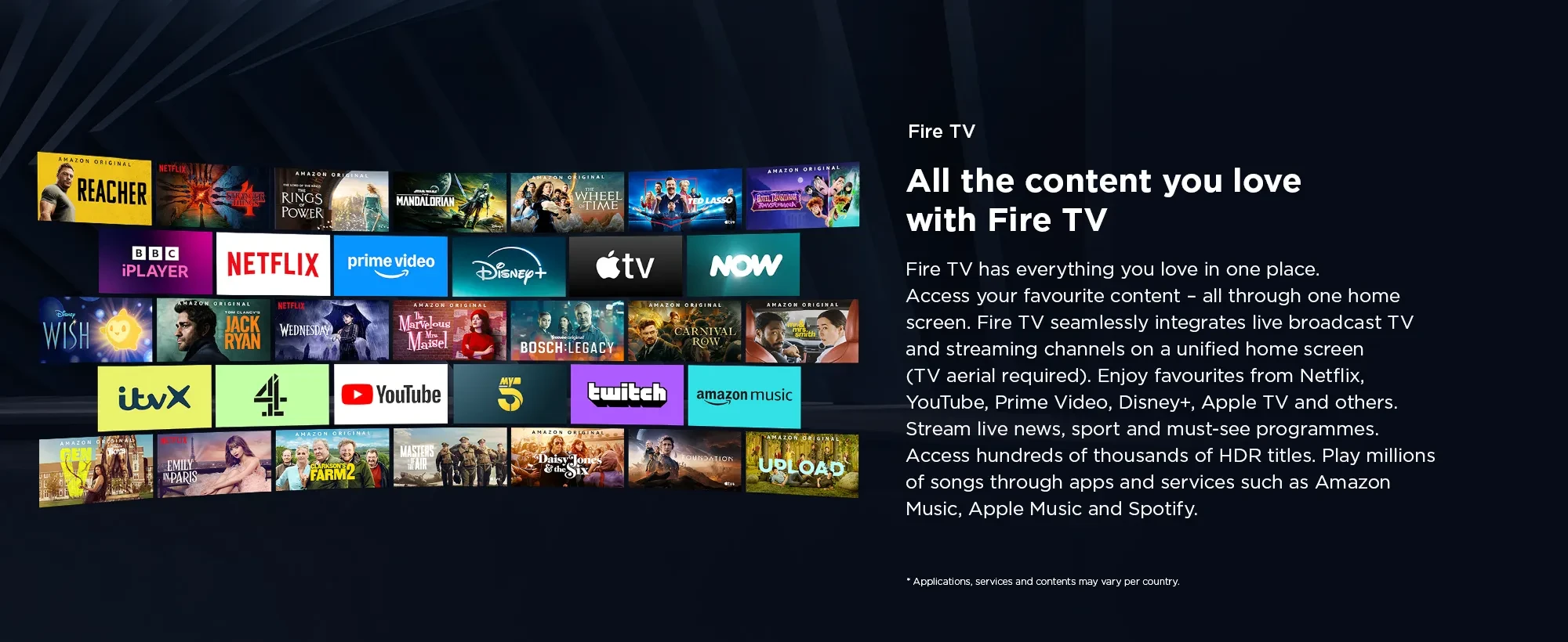  Promotional image for Fire TV featuring a vibrant collage of popular entertainment content and streaming apps