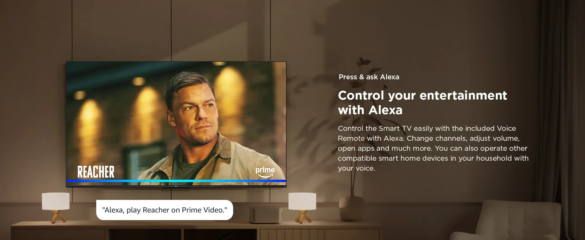 An advertisement for a smart TV featuring Alexa voice control capabilities