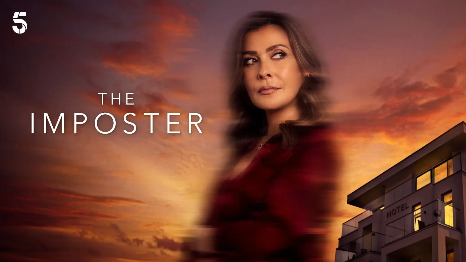 A slightly blured image of a brunette women wearing a red top looking out of the image, a sunet and hotel behind her. Writing that reads The Imposter next to her.