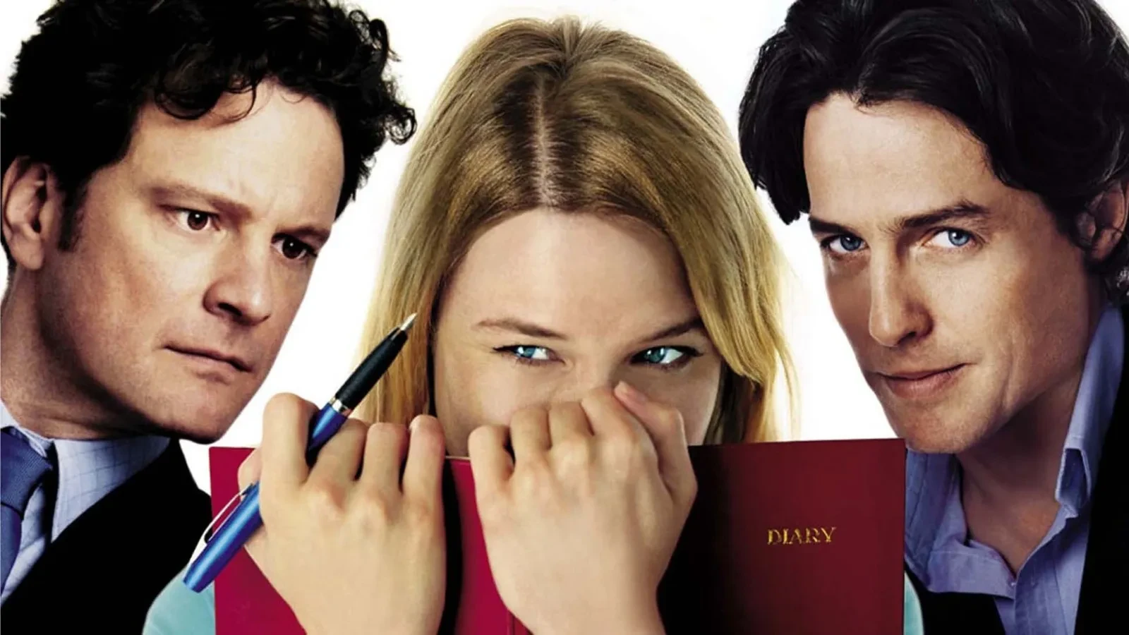 Poster image for the 2001 film Bridget Jones’s Diary, showing a close-up of a red diary and a pen held in front of a plain white background, with two suited figures positioned on either side.