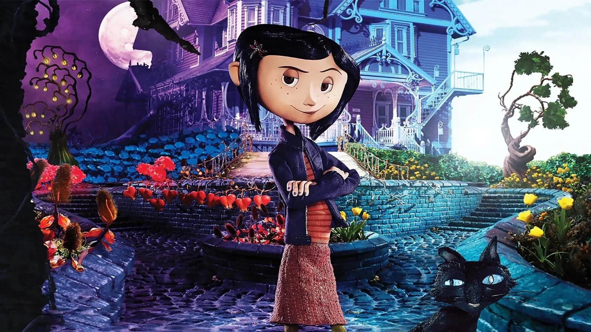Poster image for the film “Coraline”, showing the animated character Coraline standing with arms crossed in a colourful, surreal garden filled with flowers, a black cat at her feet, and a large Victorian-style house in the background under a purple sky with a full moon.