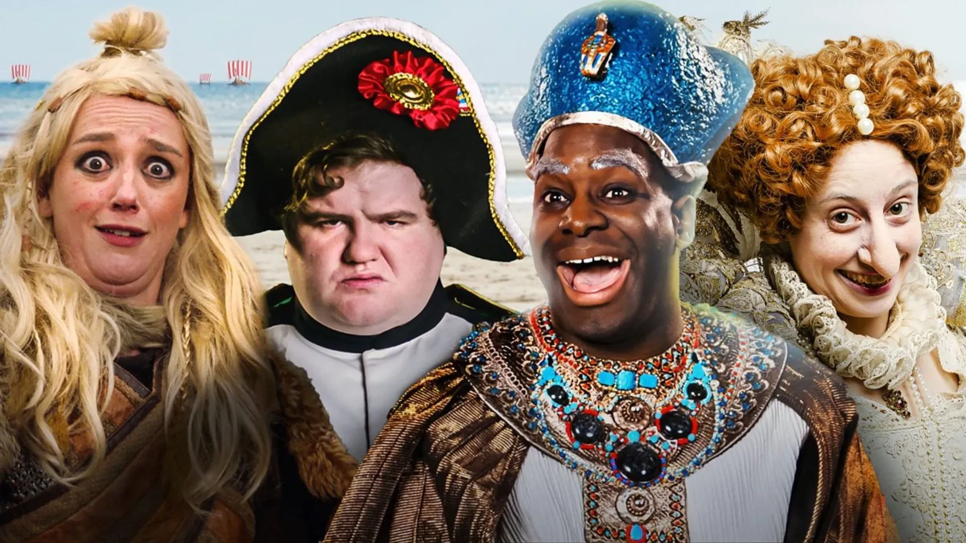 Promotional artwork for the TV series “Horrible Histories”, showing four characters dressed in historical costumes including a Viking, a naval officer, an Egyptian pharaoh, and an Elizabethan noble, with a beach scene in the background.
