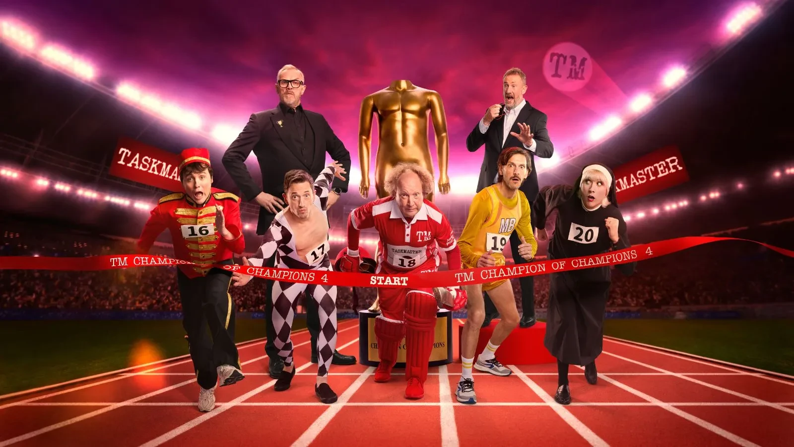 Six people on a brightly lit running track with a large golden trophy in the background, wearing varied costumes and race numbers.