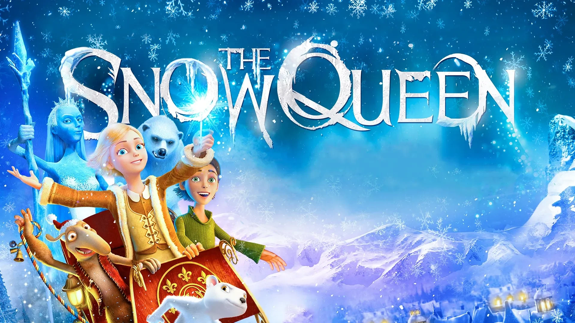 Poster image for the film “The Snow Queen”, showing animated characters riding a sleigh with a reindeer and a white weasel in a snowy, icy landscape. The title appears at the top against a blue background with snowflakes.