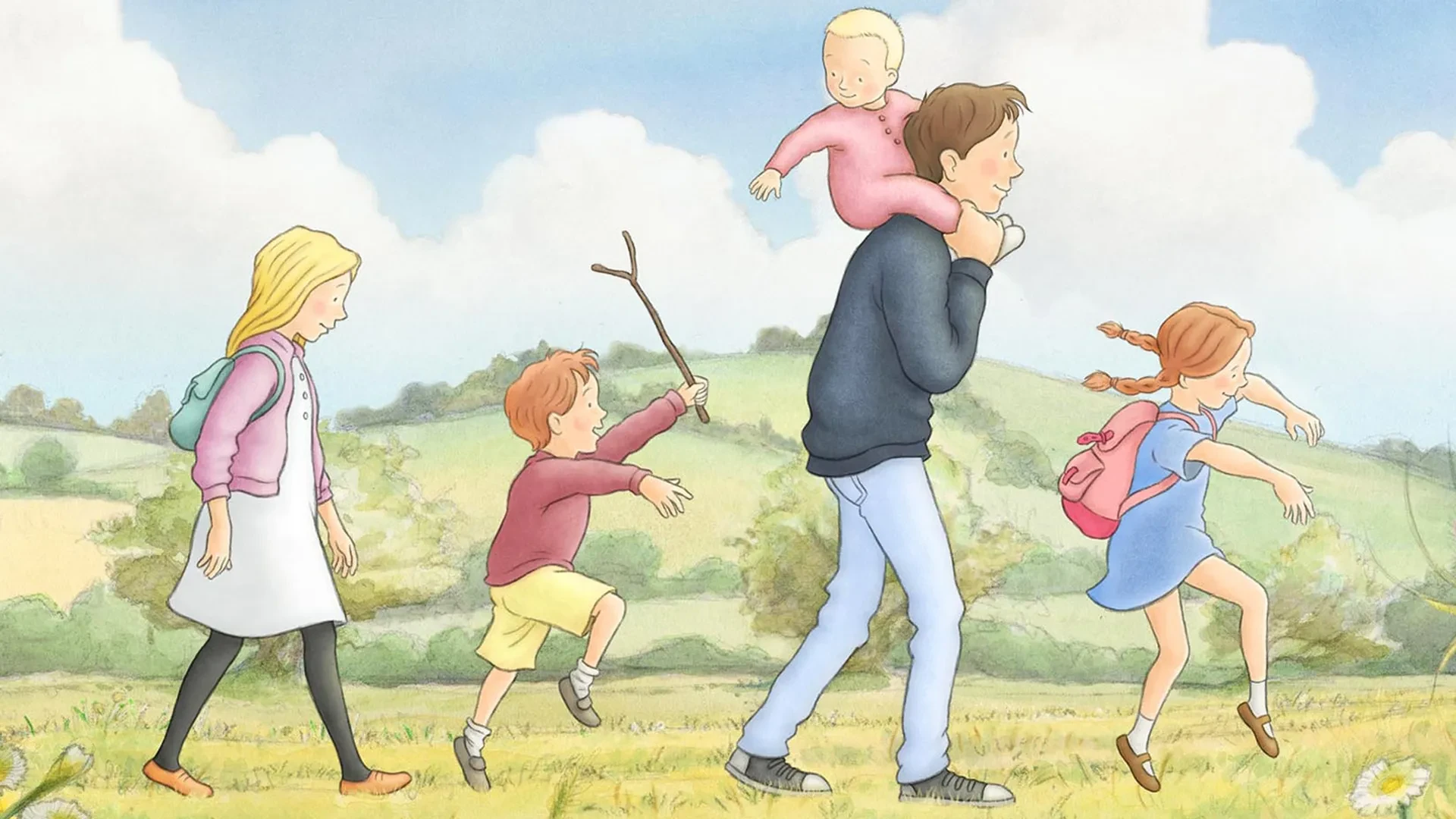 Promotional art for the film “We’re Going on a Bear Hunt”, showing an illustrated family walking through a grassy field with hills in the background. One child is holding a stick, another is carried on an adult’s shoulders, and the group appears to be on an outdoor adventure.