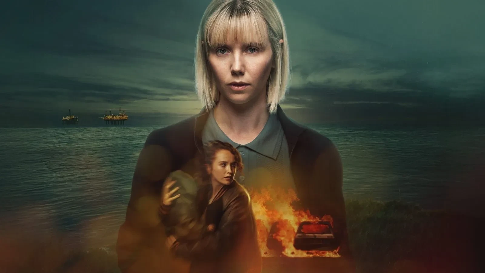 Moody coastal scene with dark ocean and oil rigs in the distance, featuring a person in a collared shirt and jacket in the foreground, overlaid with a dramatic image of a burning car and two figures embracing.