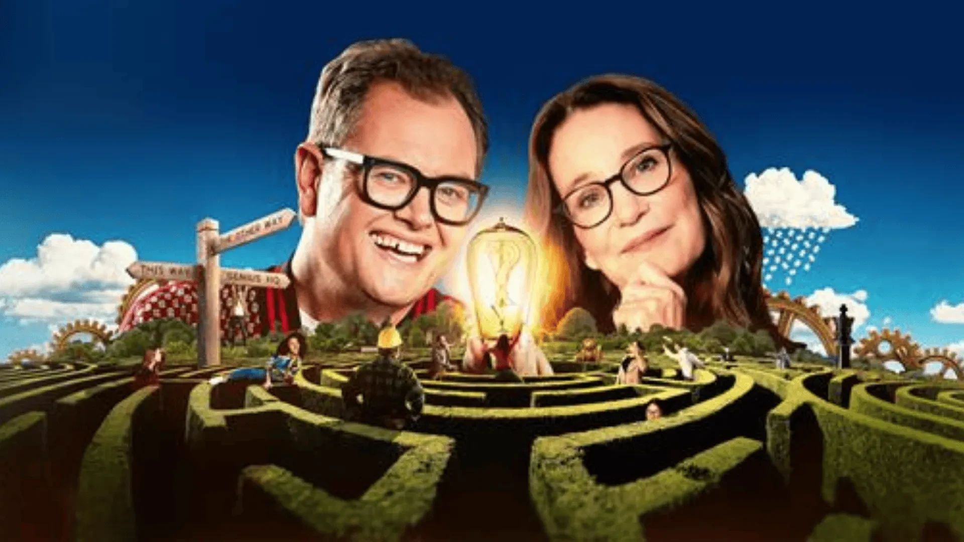 Alan Carr and Susie Dents faces against a blue sky with a light bulb in a maze below them