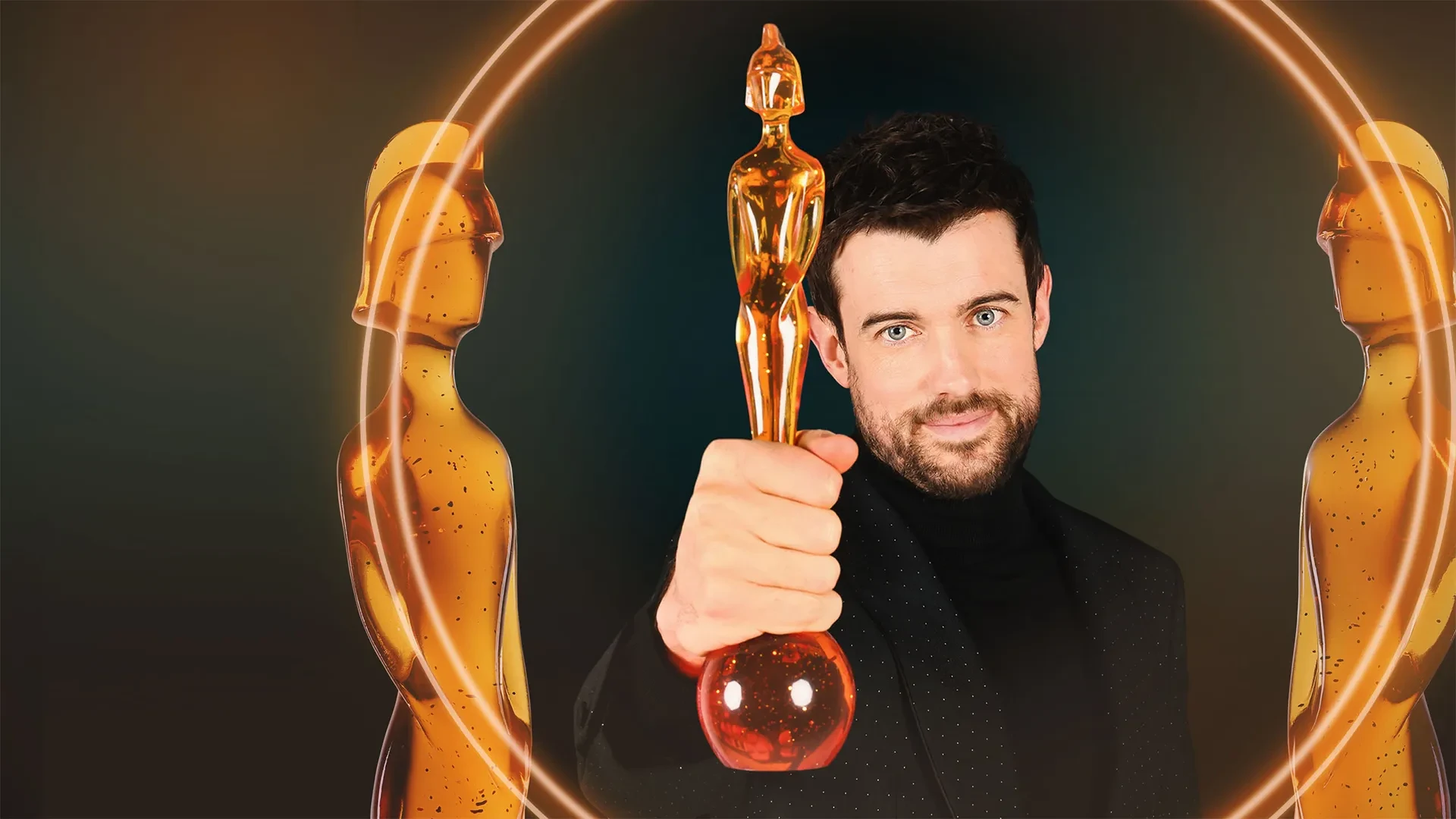 Person holding a golden award trophy in the foreground, framed by two stylised golden statuette figures and glowing circular light effects on a dark background